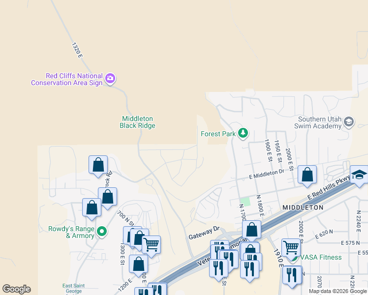 map of restaurants, bars, coffee shops, grocery stores, and more near Grand Heights Drive in St. George