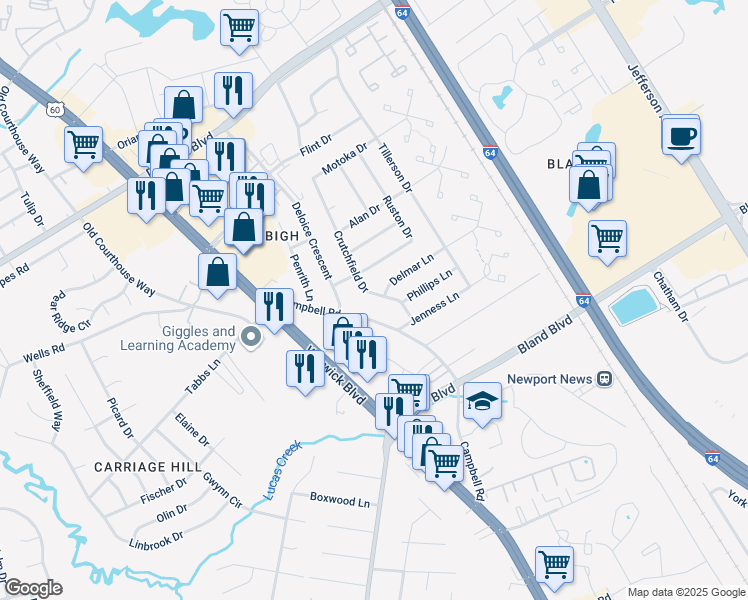 map of restaurants, bars, coffee shops, grocery stores, and more near 15 Crutchfield Drive in Newport News