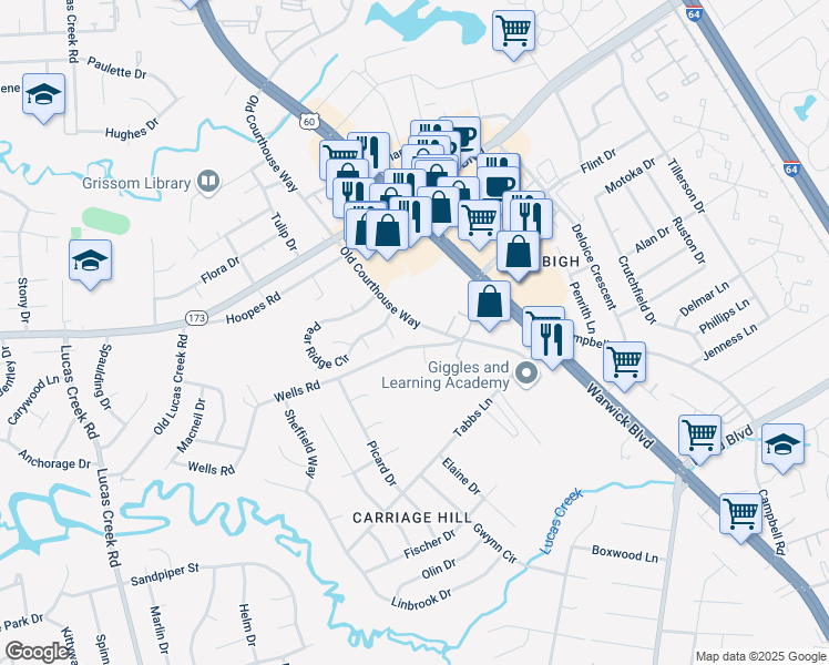 map of restaurants, bars, coffee shops, grocery stores, and more near 14307 Old Courthouse Way in Newport News