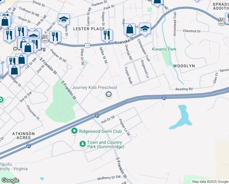 map of restaurants, bars, coffee shops, grocery stores, and more near 409A Miller Street Southeast in Christiansburg