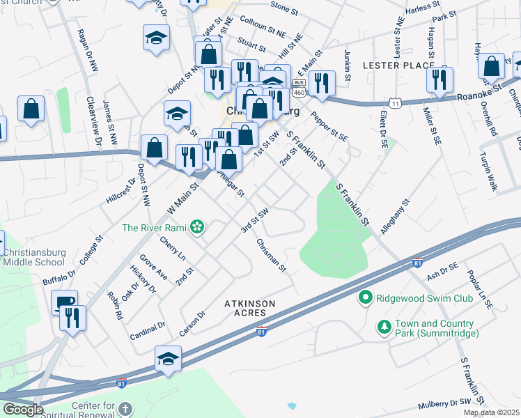 map of restaurants, bars, coffee shops, grocery stores, and more near 210 Phlegar St in Christiansburg