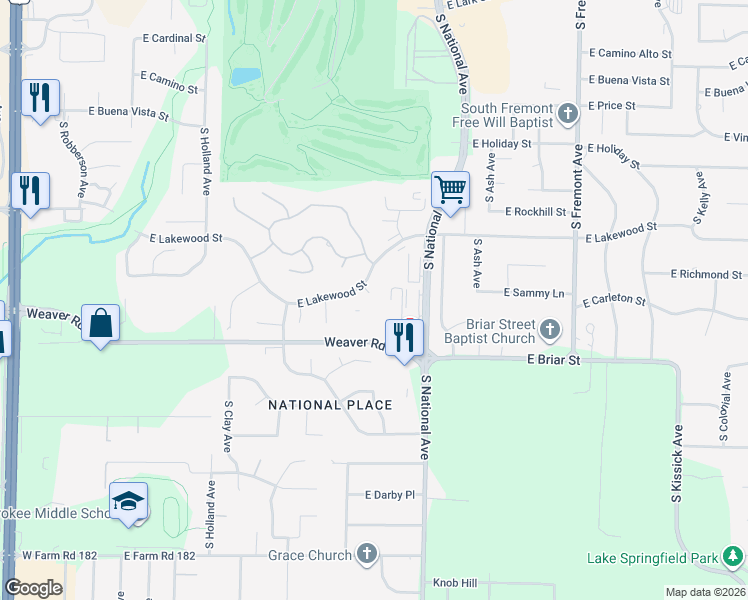map of restaurants, bars, coffee shops, grocery stores, and more near 4860 South Claridge Court in Springfield