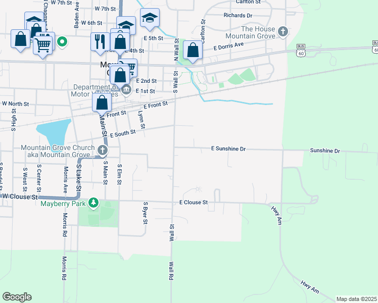 map of restaurants, bars, coffee shops, grocery stores, and more near 508 East Sunshine Drive in Mountain Grove
