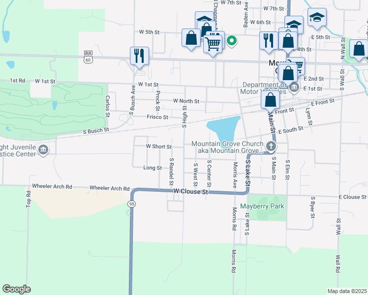 map of restaurants, bars, coffee shops, grocery stores, and more near 801 West Short Street in Mountain Grove
