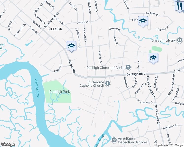 map of restaurants, bars, coffee shops, grocery stores, and more near 85 Denbigh Boulevard in Newport News