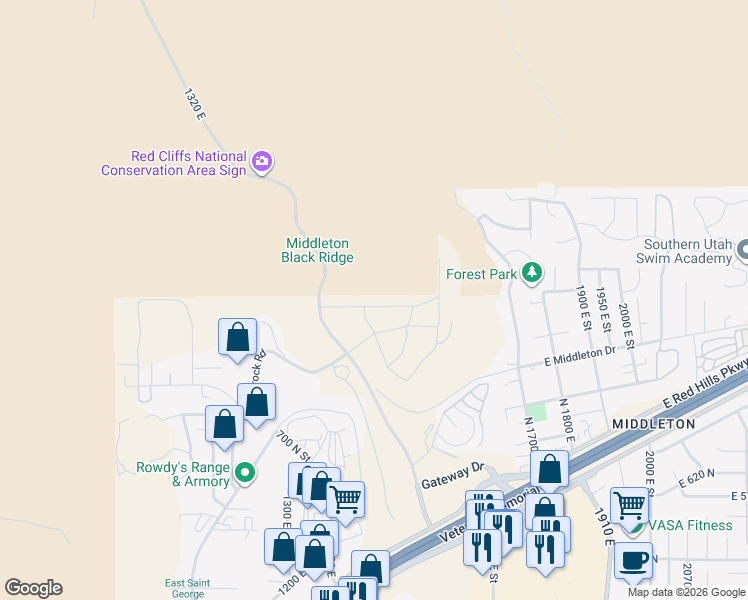 map of restaurants, bars, coffee shops, grocery stores, and more near 1423 Dellcorero Drive in St. George