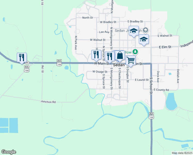 map of restaurants, bars, coffee shops, grocery stores, and more near 382 West Laurel Street in Sedan