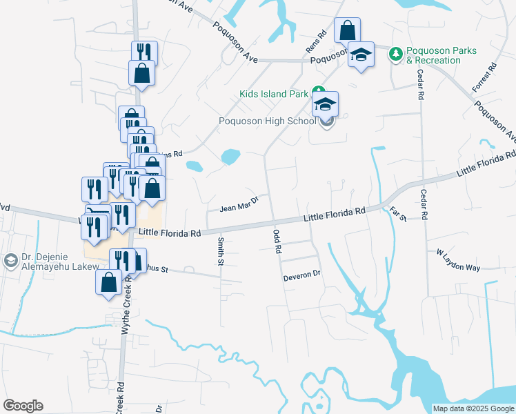map of restaurants, bars, coffee shops, grocery stores, and more near 22 Jean Mar Drive in Poquoson