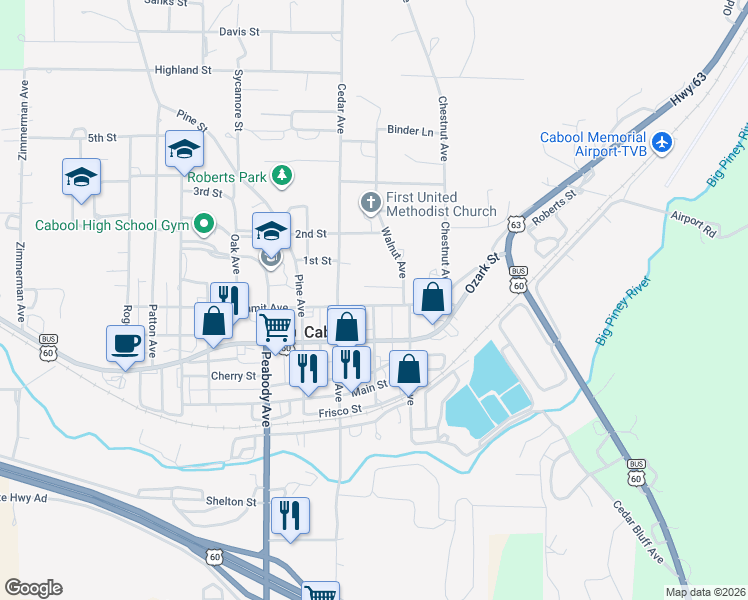 map of restaurants, bars, coffee shops, grocery stores, and more near 512 Summit Street in Cabool