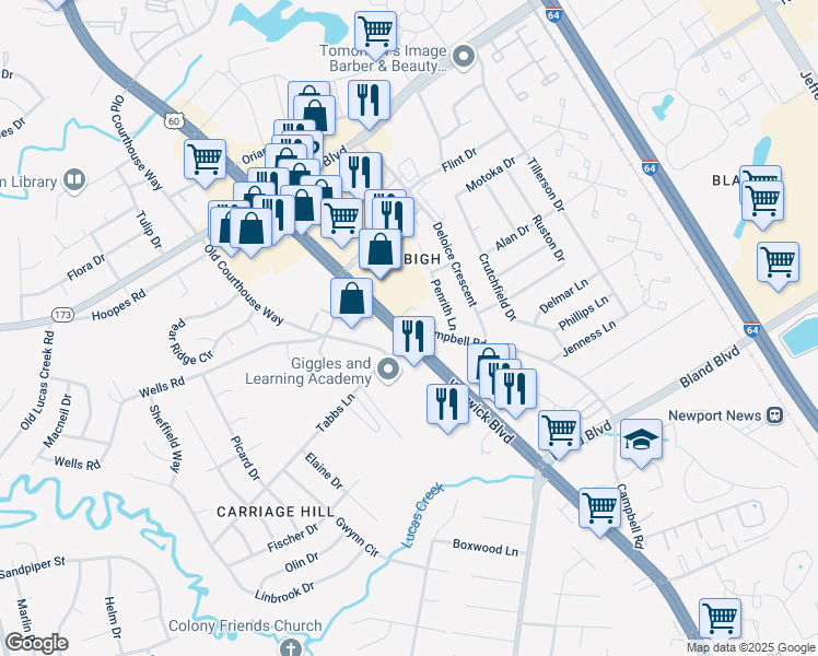 map of restaurants, bars, coffee shops, grocery stores, and more near 14100 Warwick Boulevard in Newport News
