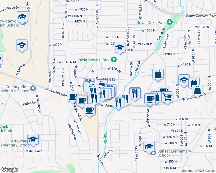 map of restaurants, bars, coffee shops, grocery stores, and more near 1816 West 950 North in St. George