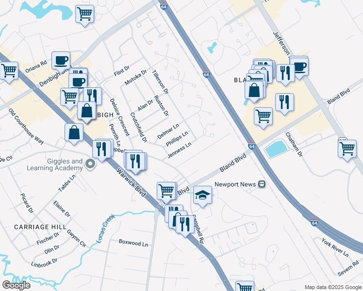 map of restaurants, bars, coffee shops, grocery stores, and more near 117 Jenness Lane in Newport News