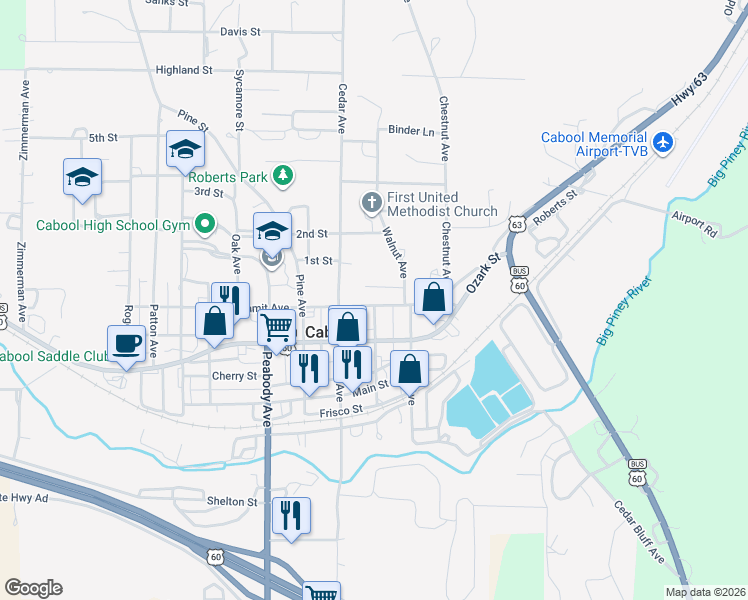 map of restaurants, bars, coffee shops, grocery stores, and more near 512 Summit Street in Cabool