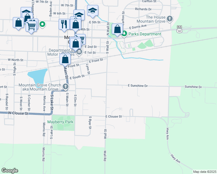 map of restaurants, bars, coffee shops, grocery stores, and more near 351-417 South Wall Street in Mountain Grove