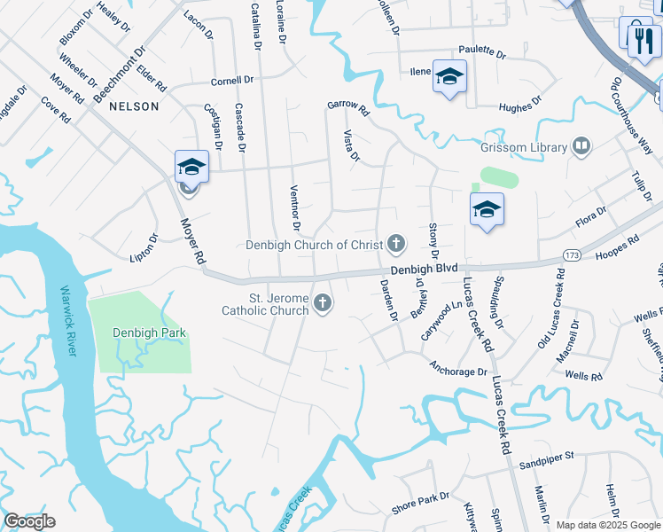 map of restaurants, bars, coffee shops, grocery stores, and more near 803 Ashley Place in Newport News