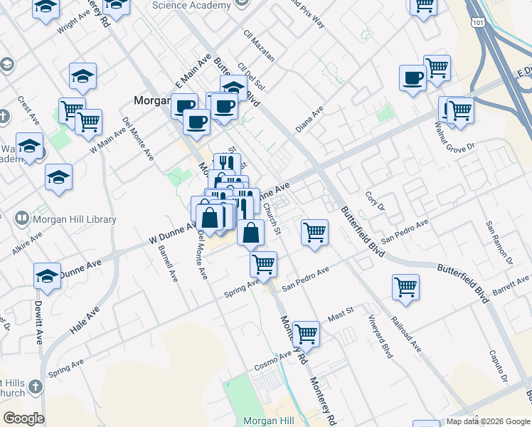 map of restaurants, bars, coffee shops, grocery stores, and more near 16935 Church Street in Morgan Hill