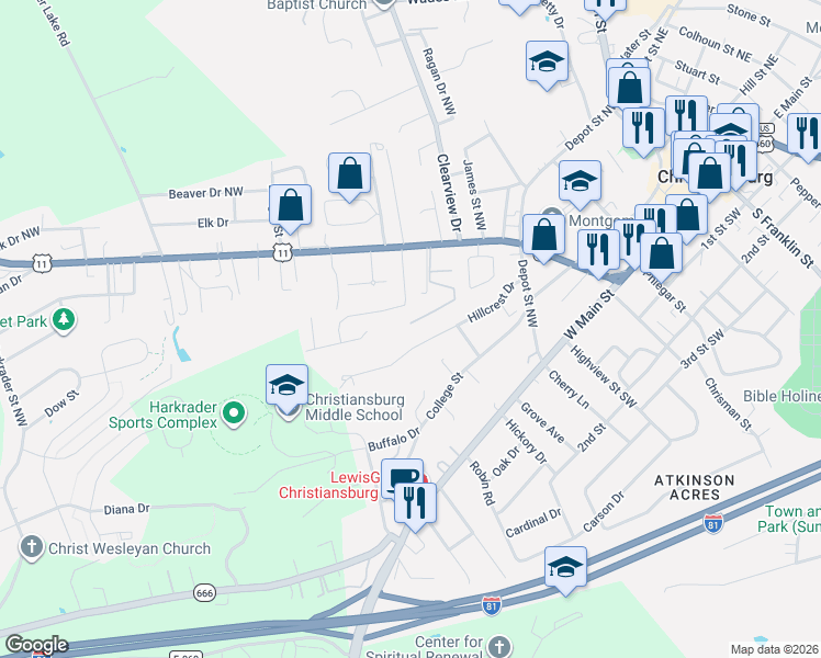 map of restaurants, bars, coffee shops, grocery stores, and more near 170 Talus Lane in Christiansburg