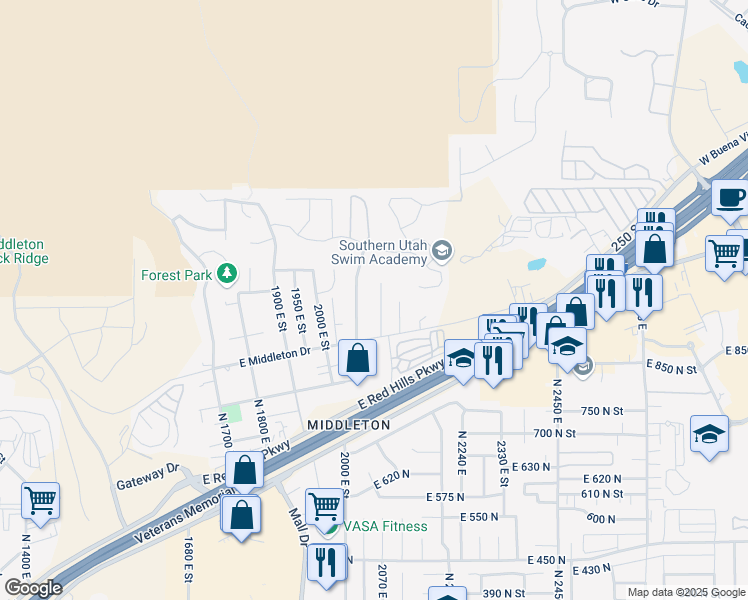 map of restaurants, bars, coffee shops, grocery stores, and more near 993 N 2075 E Cir in St George