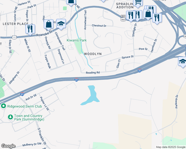 map of restaurants, bars, coffee shops, grocery stores, and more near 805 Reading Road in Christiansburg