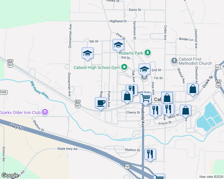 map of restaurants, bars, coffee shops, grocery stores, and more near 1100 Summit Street in Cabool