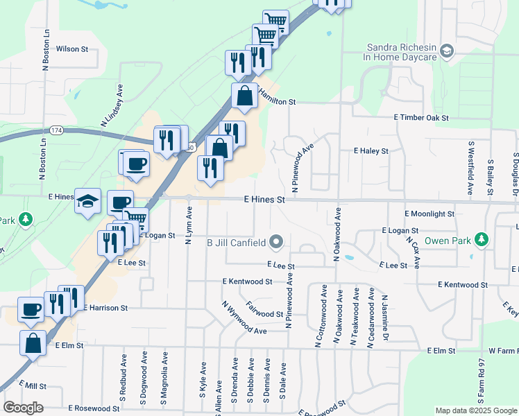map of restaurants, bars, coffee shops, grocery stores, and more near 572 North Lynette Avenue in Republic