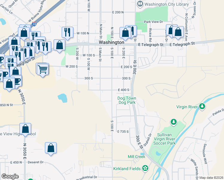 map of restaurants, bars, coffee shops, grocery stores, and more near 401 South 100 East in Washington
