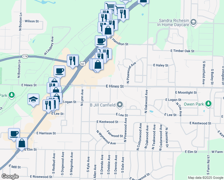 map of restaurants, bars, coffee shops, grocery stores, and more near 572 North Lynette Avenue in Republic