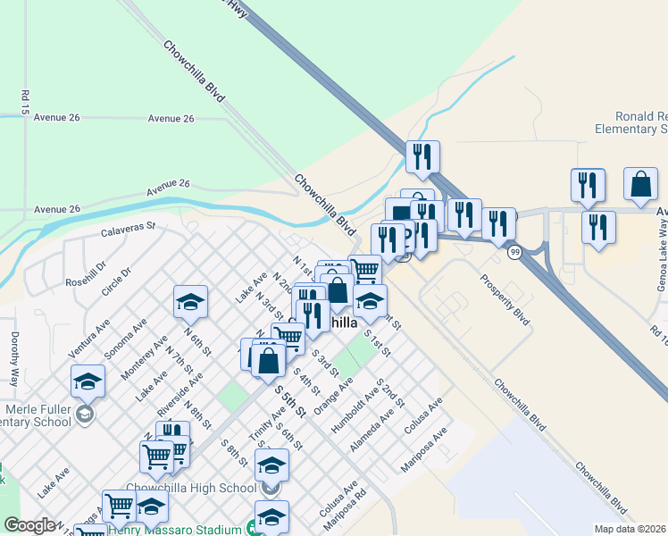 map of restaurants, bars, coffee shops, grocery stores, and more near 10 Kings Avenue in Chowchilla