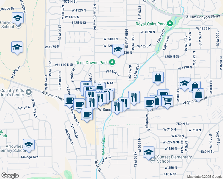 map of restaurants, bars, coffee shops, grocery stores, and more near 1816 West 950 North in St. George