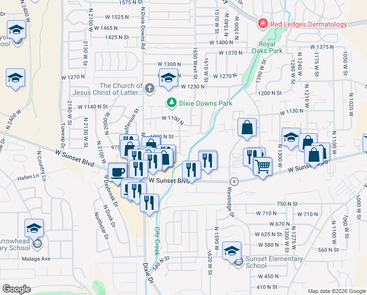 map of restaurants, bars, coffee shops, grocery stores, and more near 972 North 1725 West in St. George