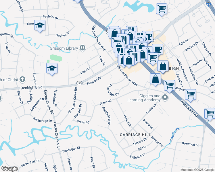 map of restaurants, bars, coffee shops, grocery stores, and more near 358 Pear Ridge Circle in Newport News