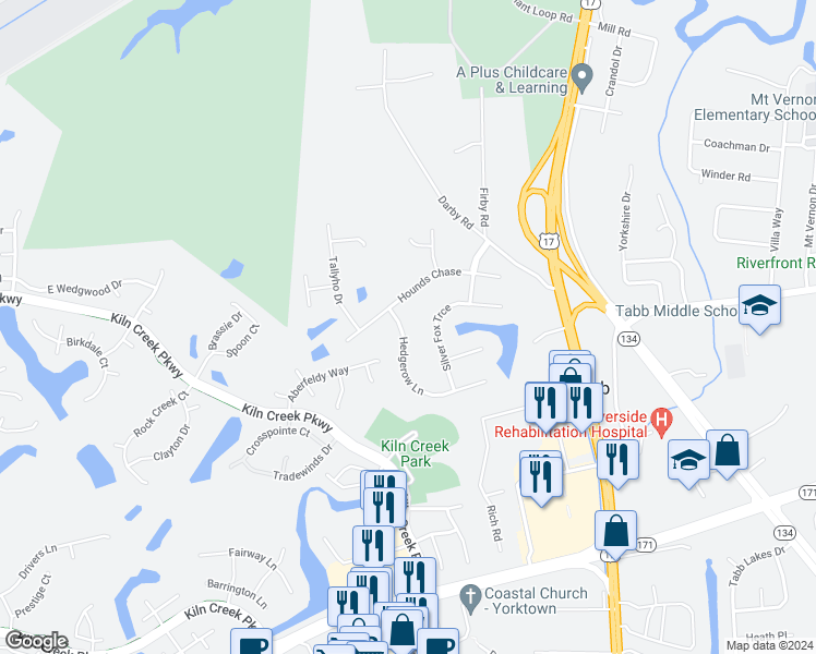 map of restaurants, bars, coffee shops, grocery stores, and more near 105 Hedgerow Lane in Yorktown