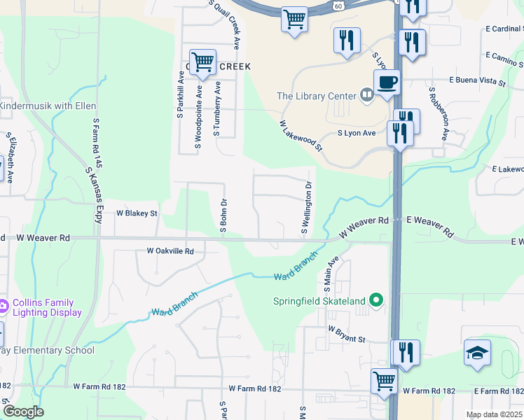 map of restaurants, bars, coffee shops, grocery stores, and more near 4936 South Buckingham Lane in Springfield