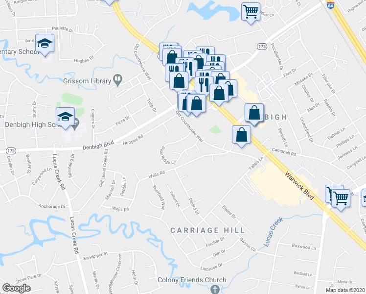 map of restaurants, bars, coffee shops, grocery stores, and more near 321 Pear Ridge Circle in Newport News