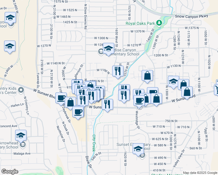 map of restaurants, bars, coffee shops, grocery stores, and more near 968 North 1725 West in St. George