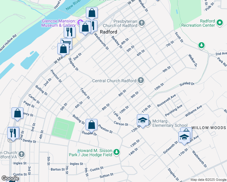 map of restaurants, bars, coffee shops, grocery stores, and more near 704 7th Street in Radford