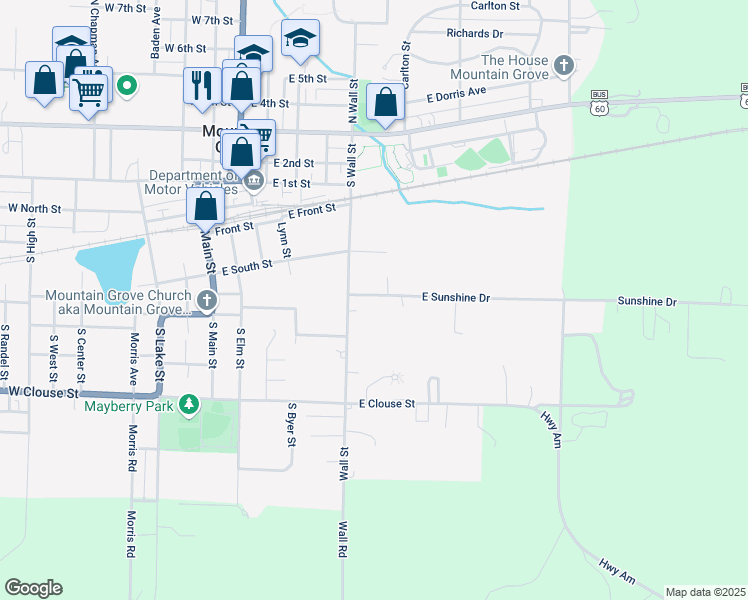 map of restaurants, bars, coffee shops, grocery stores, and more near 508 East Sunshine Drive in Mountain Grove