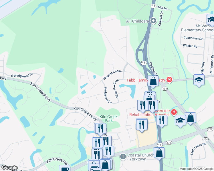 map of restaurants, bars, coffee shops, grocery stores, and more near 105 Hedgerow Lane in Yorktown