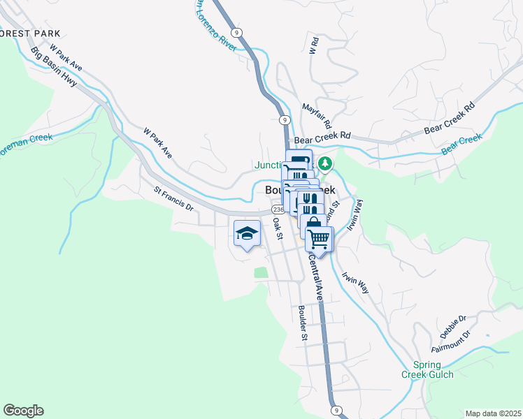 map of restaurants, bars, coffee shops, grocery stores, and more near 13350 Big Basin Way in Boulder Creek