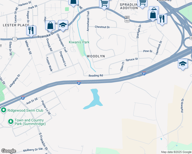 map of restaurants, bars, coffee shops, grocery stores, and more near 805 Reading Road in Christiansburg