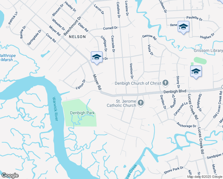 map of restaurants, bars, coffee shops, grocery stores, and more near 69 Denbigh Boulevard in Newport News