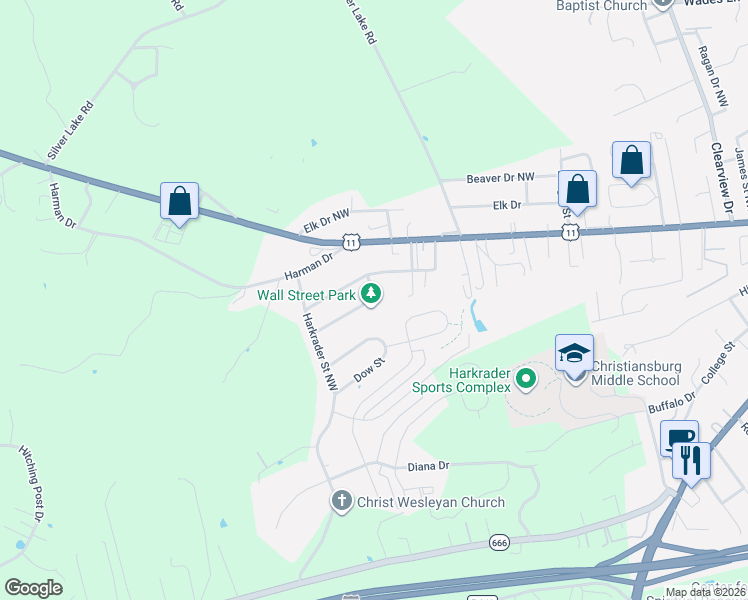 map of restaurants, bars, coffee shops, grocery stores, and more near 1270 Wall Street in Christiansburg
