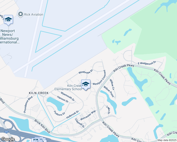 map of restaurants, bars, coffee shops, grocery stores, and more near 1603 Winthrope Drive in Newport News