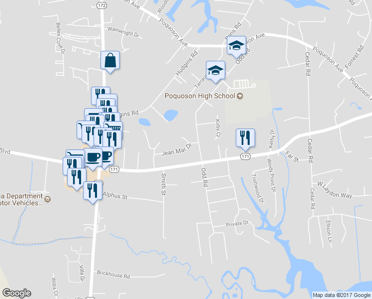 map of restaurants, bars, coffee shops, grocery stores, and more near 22 Jean Mar Drive in Poquoson