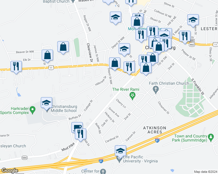 map of restaurants, bars, coffee shops, grocery stores, and more near 640 College Street in Christiansburg
