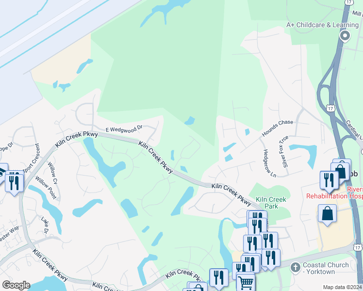 map of restaurants, bars, coffee shops, grocery stores, and more near 119 Brassie Drive in Yorktown