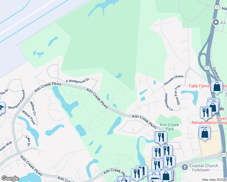 map of restaurants, bars, coffee shops, grocery stores, and more near 119 Brassie Drive in Yorktown