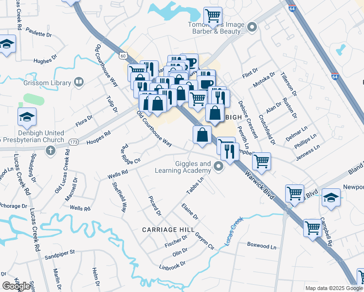 map of restaurants, bars, coffee shops, grocery stores, and more near 303 Gaylor Lane in Newport News