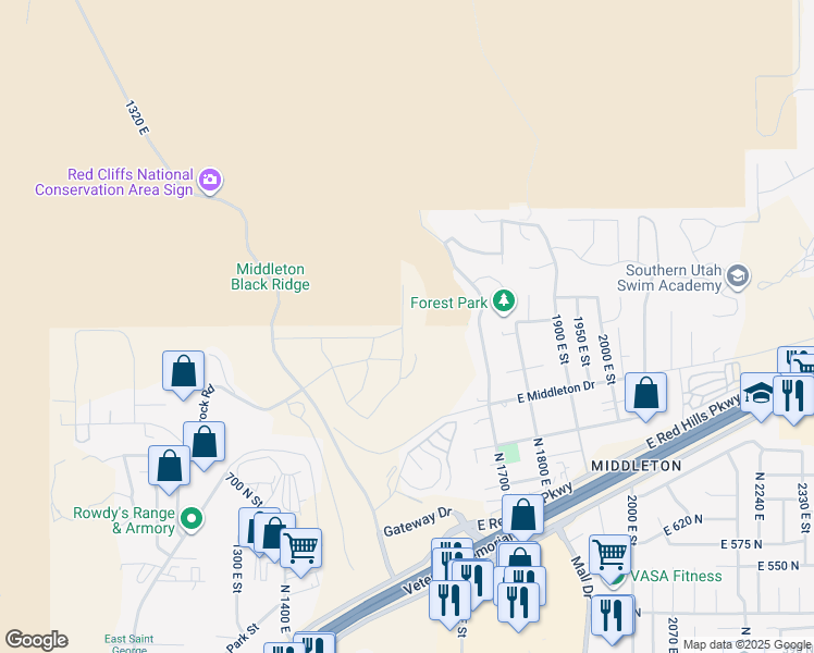 map of restaurants, bars, coffee shops, grocery stores, and more near Grand Heights Drive in St. George