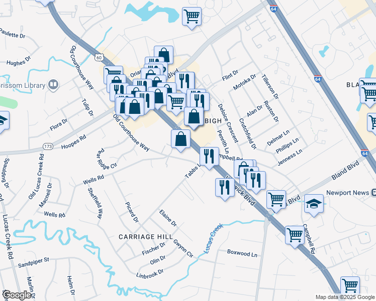 map of restaurants, bars, coffee shops, grocery stores, and more near 13809 Warwick Boulevard in Newport News